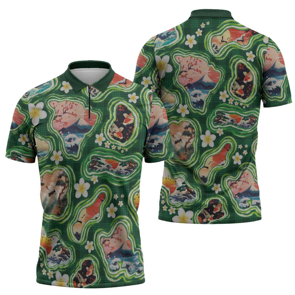 Hawaiian and Japanese Culture Together Zipper Polo Shirt Hawaiian Island Shapes with Japanese Landscape Green Color