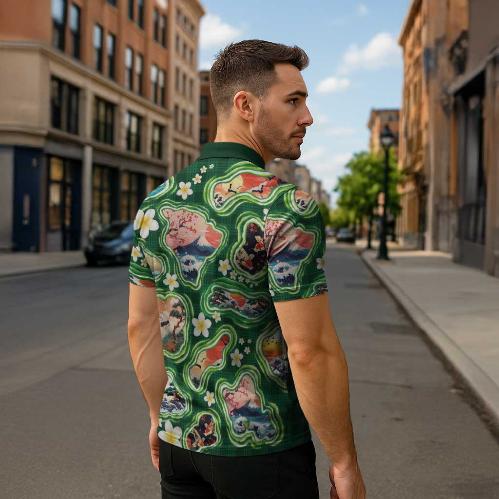 Hawaiian and Japanese Culture Together Zipper Polo Shirt Hawaiian Island Shapes with Japanese Landscape Green Color