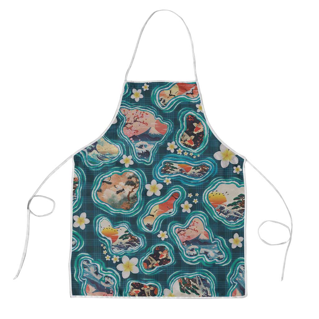 Hawaiian and Japanese Culture Together Apron Hawaiian Island Shapes with Japanese Landscape Teal Color LT03 Teal - Polynesian Pride