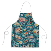 Hawaiian and Japanese Culture Together Apron Hawaiian Island Shapes with Japanese Landscape Teal Color