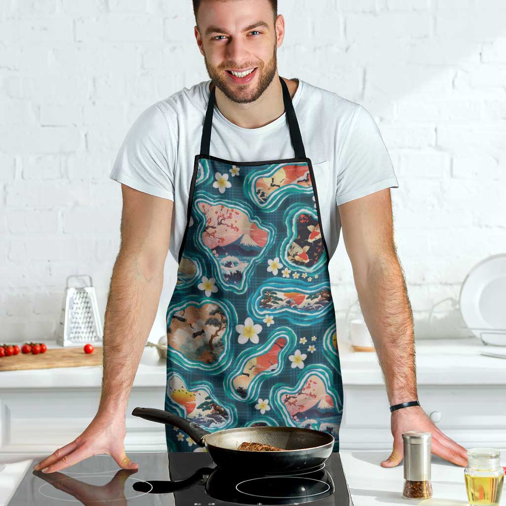 Hawaiian and Japanese Culture Together Apron Hawaiian Island Shapes with Japanese Landscape Teal Color