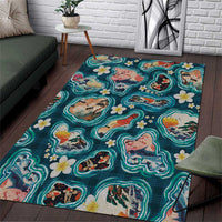 Hawaiian and Japanese Culture Together Area Rug Hawaiian Island Shapes with Japanese Landscape Teal Color