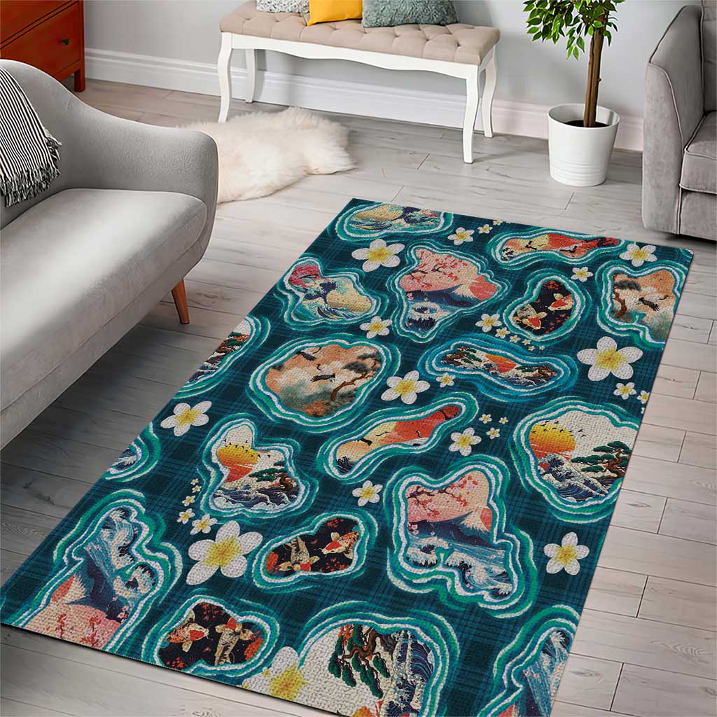 Hawaiian and Japanese Culture Together Area Rug Hawaiian Island Shapes with Japanese Landscape Teal Color