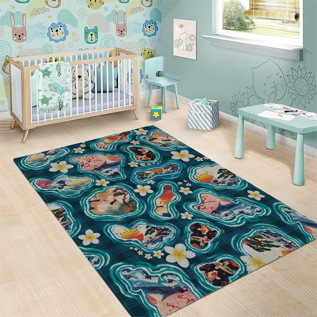 Hawaiian and Japanese Culture Together Area Rug Hawaiian Island Shapes with Japanese Landscape Teal Color