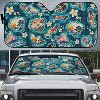 Hawaiian and Japanese Culture Together Auto Sun Shade Hawaiian Island Shapes with Japanese Landscape Teal Color
