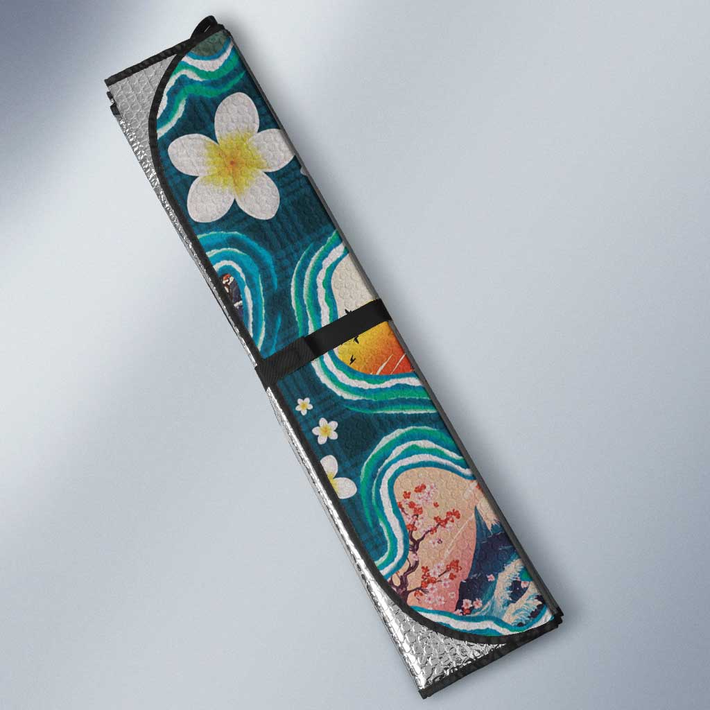 Hawaiian and Japanese Culture Together Auto Sun Shade Hawaiian Island Shapes with Japanese Landscape Teal Color