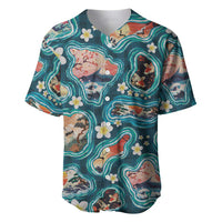 Hawaiian and Japanese Culture Together Baseball Jersey Hawaiian Island Shapes with Japanese Landscape Teal Color