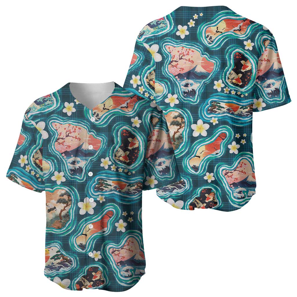 Hawaiian and Japanese Culture Together Baseball Jersey Hawaiian Island Shapes with Japanese Landscape Teal Color