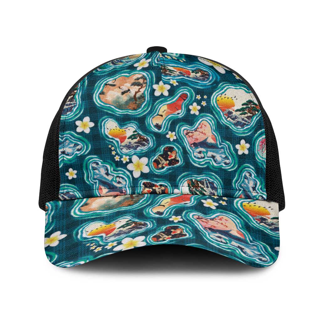Hawaiian and Japanese Culture Together Baseball Net Cap Hawaiian Island Shapes with Japanese Landscape Teal Color LT03 One Size Black Teal - Polynesian Pride