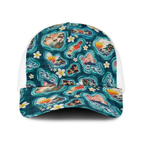 Hawaiian and Japanese Culture Together Baseball Net Cap Hawaiian Island Shapes with Japanese Landscape Teal Color LT03 One Size White Teal - Polynesian Pride
