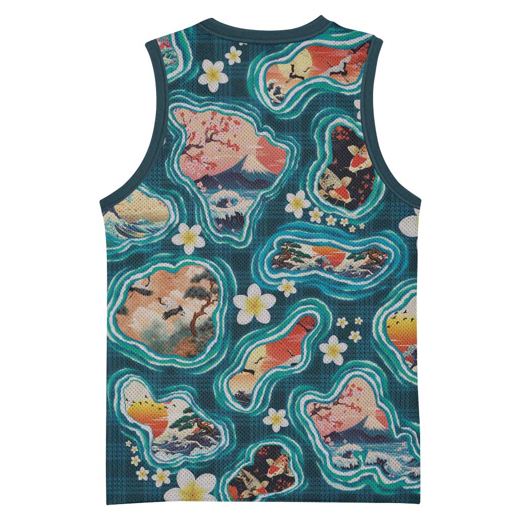 Hawaiian and Japanese Culture Together Basketball Jersey Hawaiian Island Shapes with Japanese Landscape Teal Color
