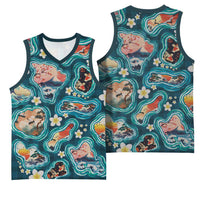 Hawaiian and Japanese Culture Together Basketball Jersey Hawaiian Island Shapes with Japanese Landscape Teal Color