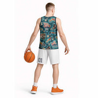 Hawaiian and Japanese Culture Together Basketball Jersey Hawaiian Island Shapes with Japanese Landscape Teal Color