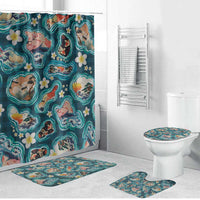 Hawaiian and Japanese Culture Together Bathroom Set Hawaiian Island Shapes with Japanese Landscape Teal Color