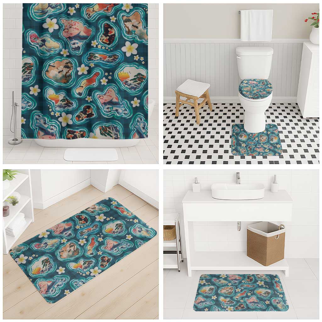 Hawaiian and Japanese Culture Together Bathroom Set Hawaiian Island Shapes with Japanese Landscape Teal Color
