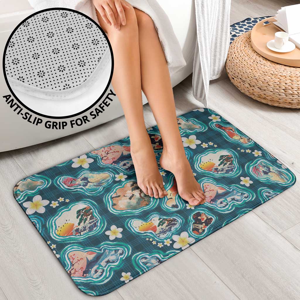 Hawaiian and Japanese Culture Together Bathroom Set Hawaiian Island Shapes with Japanese Landscape Teal Color