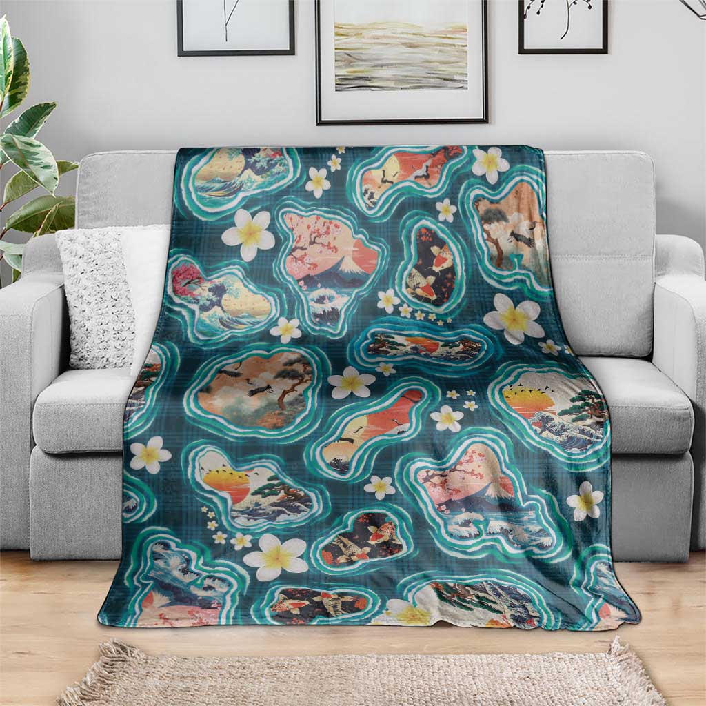 Hawaiian and Japanese Culture Together Blanket Hawaiian Island Shapes with Japanese Landscape Teal Color