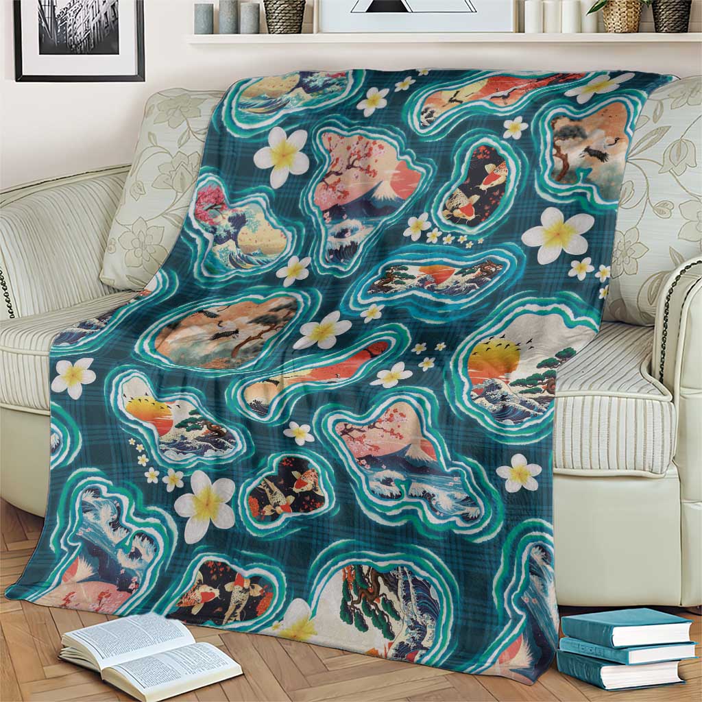 Hawaiian and Japanese Culture Together Blanket Hawaiian Island Shapes with Japanese Landscape Teal Color