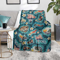 Hawaiian and Japanese Culture Together Blanket Hawaiian Island Shapes with Japanese Landscape Teal Color