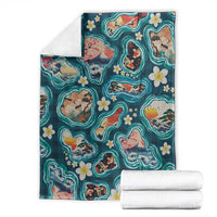 Hawaiian and Japanese Culture Together Blanket Hawaiian Island Shapes with Japanese Landscape Teal Color