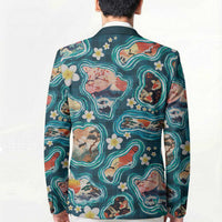Hawaiian and Japanese Culture Together Blazer Hawaiian Island Shapes with Japanese Landscape Teal Color