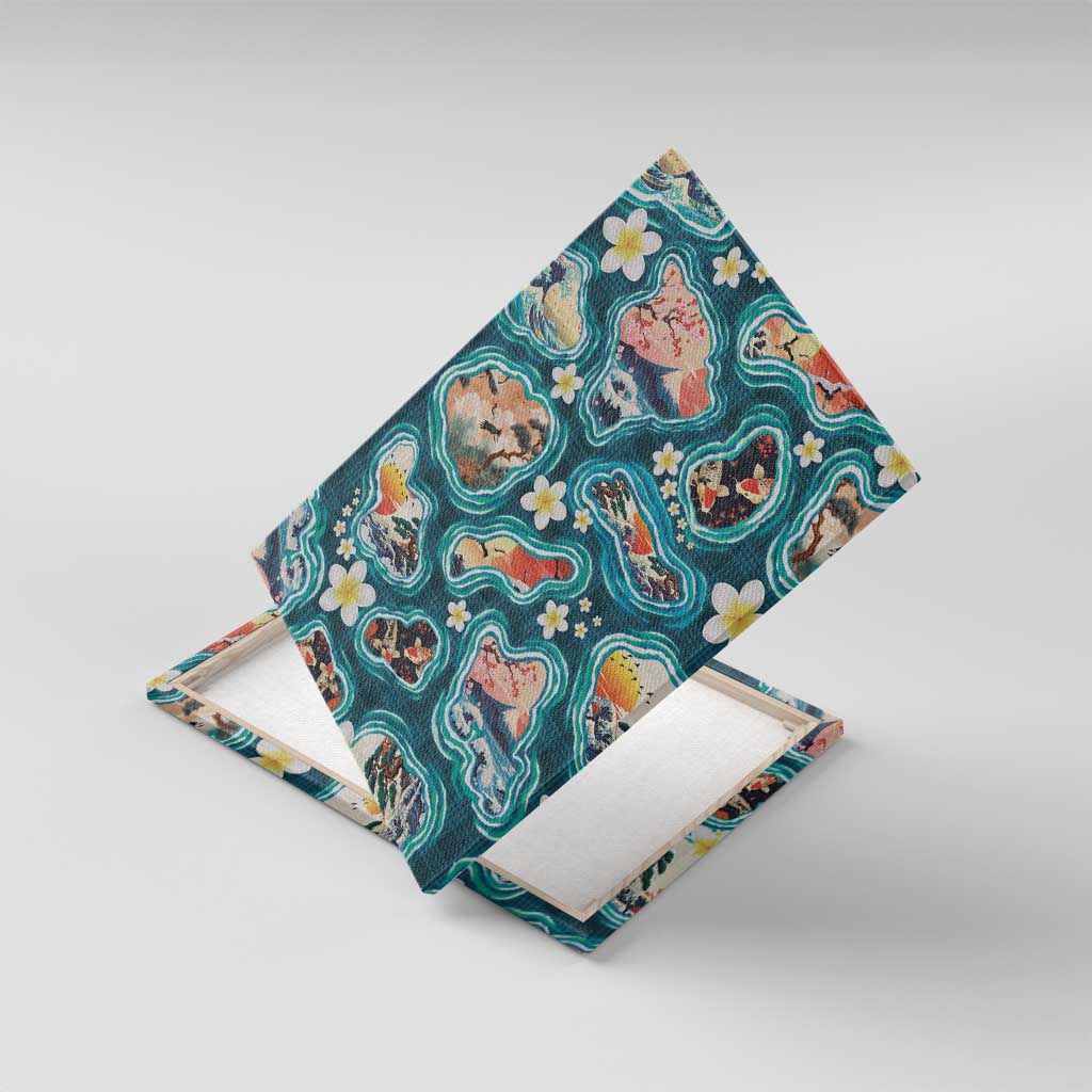 Hawaiian and Japanese Culture Together Canvas Wall Art Hawaiian Island Shapes with Japanese Landscape Teal Color