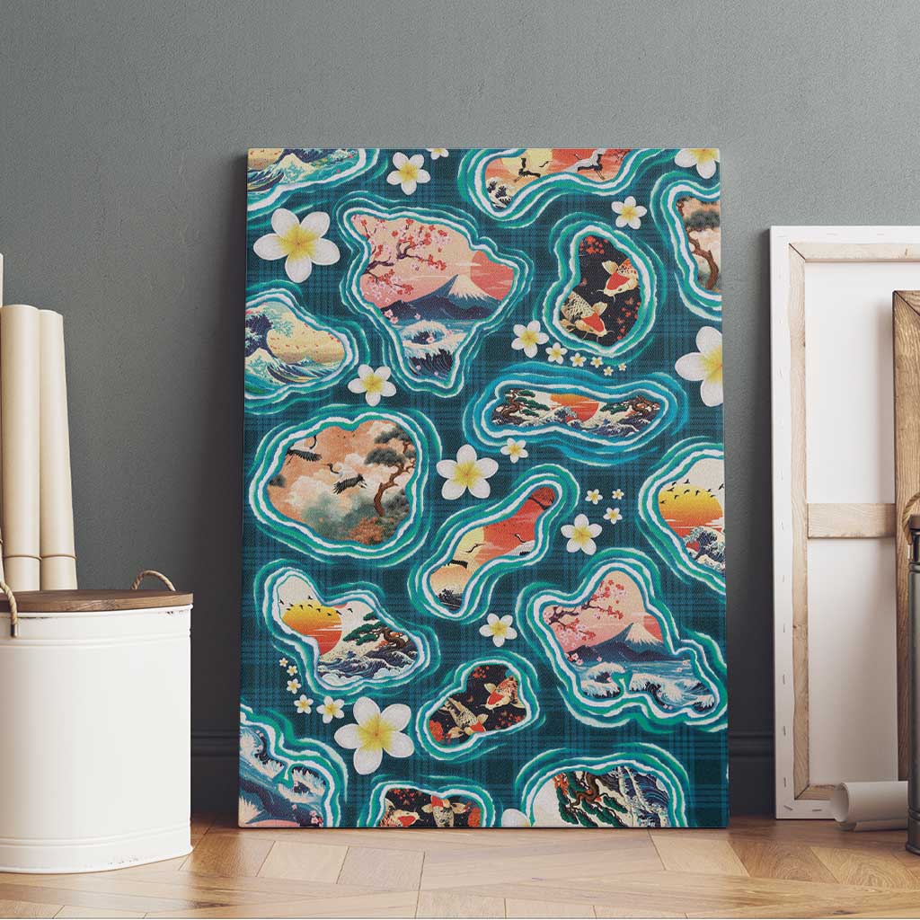 Hawaiian and Japanese Culture Together Canvas Wall Art Hawaiian Island Shapes with Japanese Landscape Teal Color