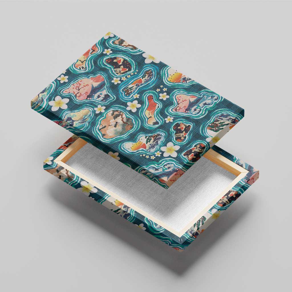Hawaiian and Japanese Culture Together Canvas Wall Art Hawaiian Island Shapes with Japanese Landscape Teal Color