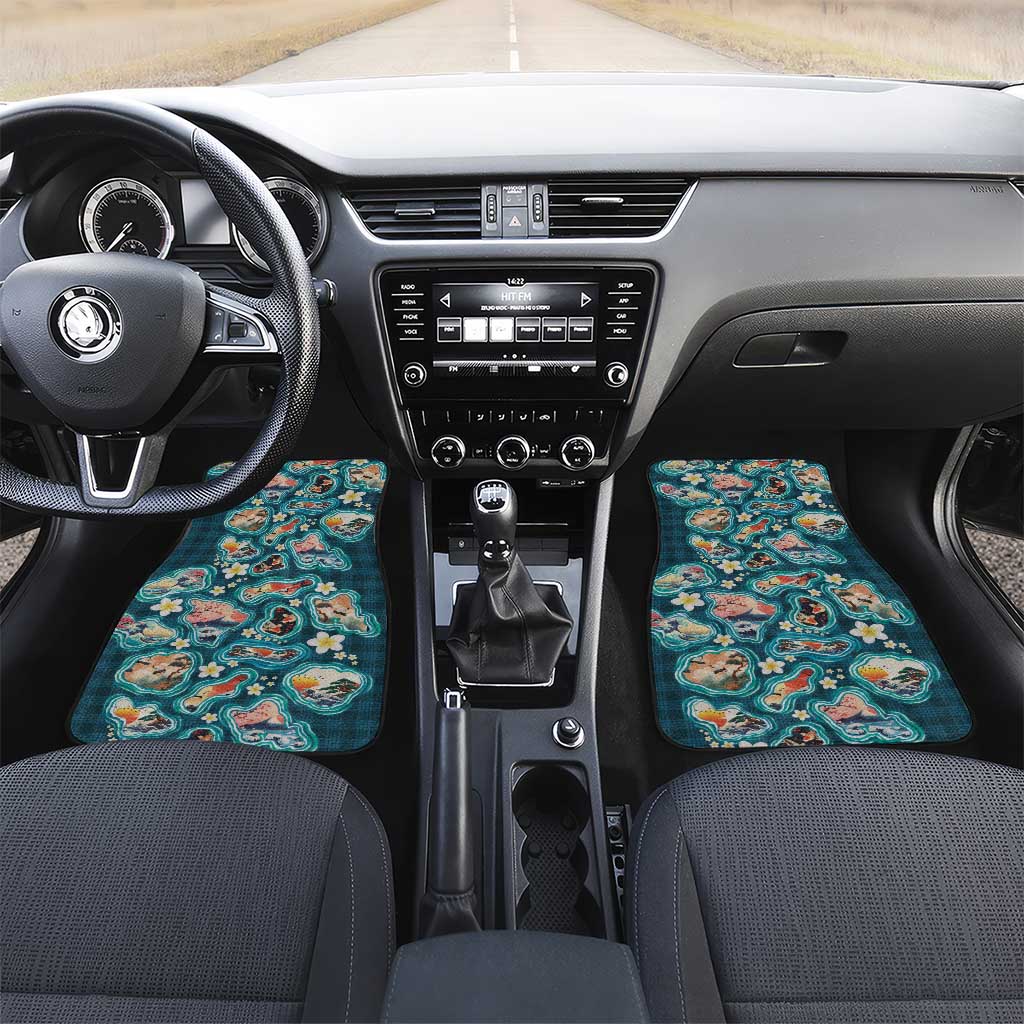 Hawaiian and Japanese Culture Together Car Mats Hawaiian Island Shapes with Japanese Landscape Teal Color