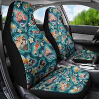 Hawaiian and Japanese Culture Together Car Seat Cover Hawaiian Island Shapes with Japanese Landscape Teal Color