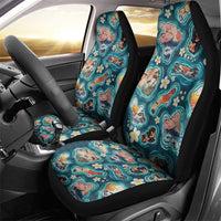Hawaiian and Japanese Culture Together Car Seat Cover Hawaiian Island Shapes with Japanese Landscape Teal Color