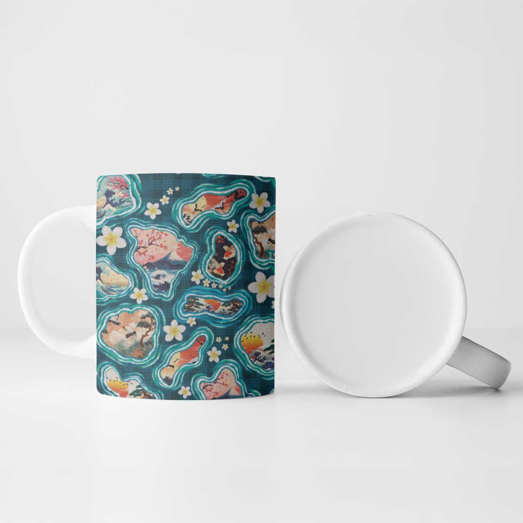 Hawaiian and Japanese Culture Together Ceramic Mug Hawaiian Island Shapes with Japanese Landscape Teal Color