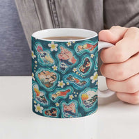 Hawaiian and Japanese Culture Together Ceramic Mug Hawaiian Island Shapes with Japanese Landscape Teal Color