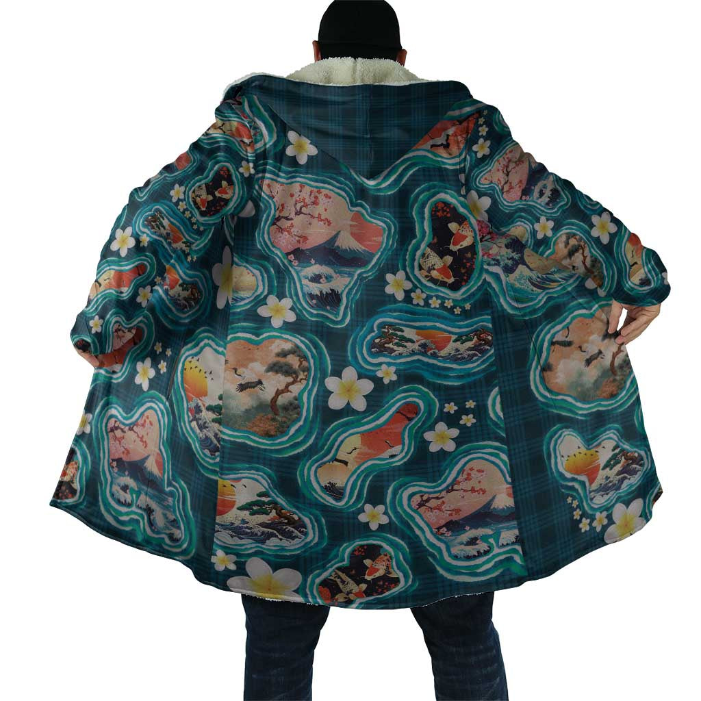 Hawaiian and Japanese Culture Together Cloak Hawaiian Island Shapes with Japanese Landscape Teal Color