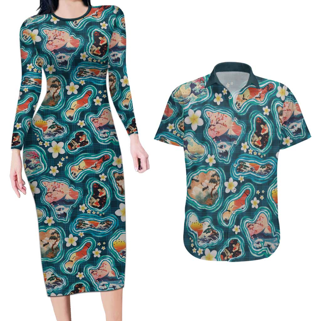 Hawaiian and Japanese Culture Together Couples Matching Long Sleeve Bodycon Dress and Hawaiian Shirt Hawaiian Island Shapes with Japanese Landscape Teal Color