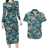 Hawaiian and Japanese Culture Together Couples Matching Long Sleeve Bodycon Dress and Hawaiian Shirt Hawaiian Island Shapes with Japanese Landscape Teal Color