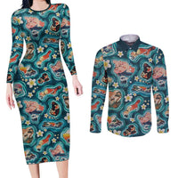 Hawaiian and Japanese Culture Together Couples Matching Long Sleeve Bodycon Dress and Long Sleeve Button Shirt Hawaiian Island Shapes with Japanese Landscape Teal Color