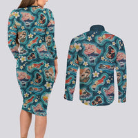 Hawaiian and Japanese Culture Together Couples Matching Long Sleeve Bodycon Dress and Long Sleeve Button Shirt Hawaiian Island Shapes with Japanese Landscape Teal Color