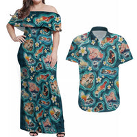 Hawaiian and Japanese Culture Together Couples Matching Off Shoulder Maxi Dress and Hawaiian Shirt Hawaiian Island Shapes with Japanese Landscape Teal Color