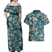 Hawaiian and Japanese Culture Together Couples Matching Off Shoulder Maxi Dress and Hawaiian Shirt Hawaiian Island Shapes with Japanese Landscape Teal Color