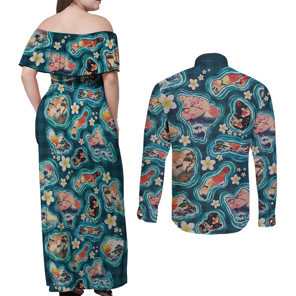 Hawaiian and Japanese Culture Together Couples Matching Off Shoulder Maxi Dress and Long Sleeve Button Shirt Hawaiian Island Shapes with Japanese Landscape Teal Color