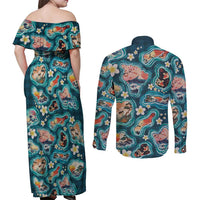 Hawaiian and Japanese Culture Together Couples Matching Off Shoulder Maxi Dress and Long Sleeve Button Shirt Hawaiian Island Shapes with Japanese Landscape Teal Color