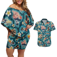 Hawaiian and Japanese Culture Together Couples Matching Off Shoulder Short Dress and Hawaiian Shirt Hawaiian Island Shapes with Japanese Landscape Teal Color