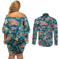 Hawaiian and Japanese Culture Together Couples Matching Off Shoulder Short Dress and Long Sleeve Button Shirt Hawaiian Island Shapes with Japanese Landscape Teal Color