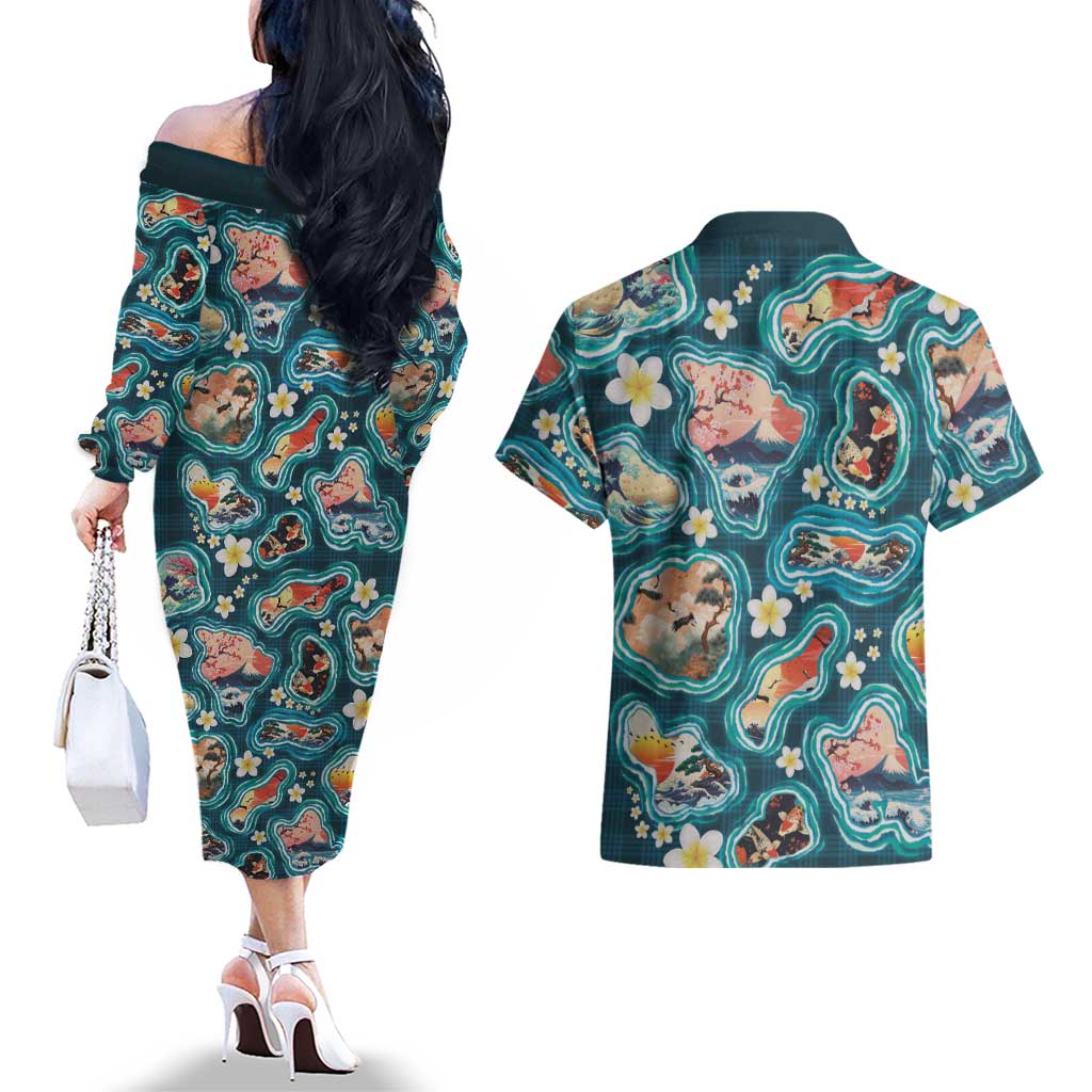 Hawaiian and Japanese Culture Together Couples Matching Off The Shoulder Long Sleeve Dress and Hawaiian Shirt Hawaiian Island Shapes with Japanese Landscape Teal Color