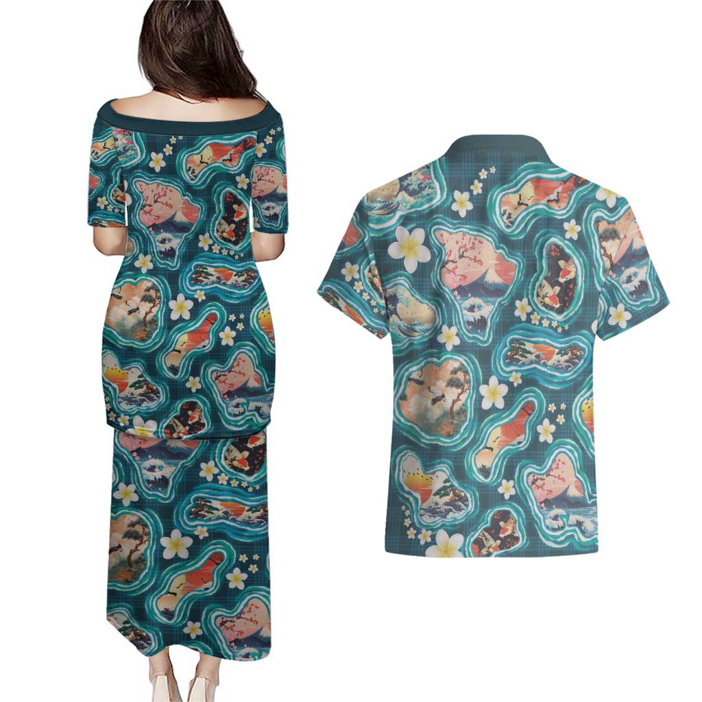 Hawaiian and Japanese Culture Together Couples Matching Puletasi and Hawaiian Shirt Hawaiian Island Shapes with Japanese Landscape Teal Color