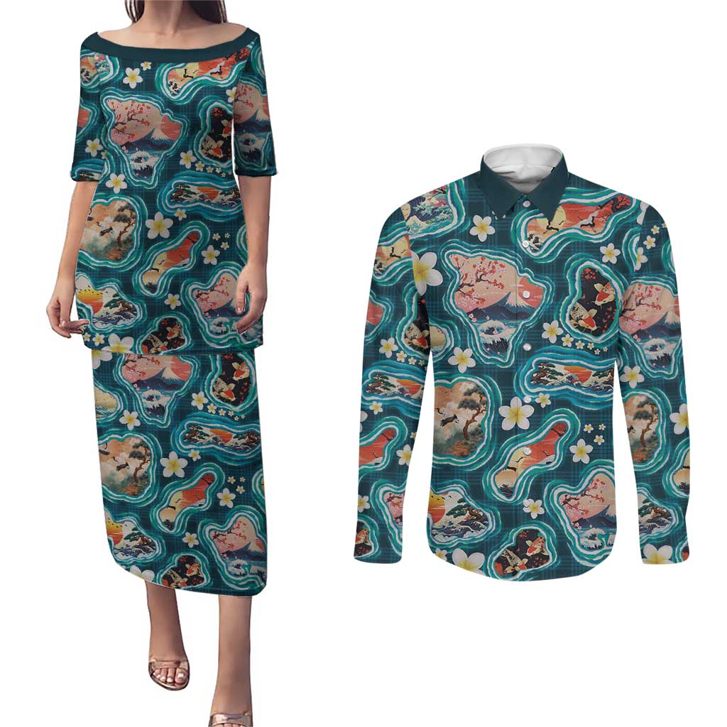 Hawaiian and Japanese Culture Together Couples Matching Puletasi and Long Sleeve Button Shirt Hawaiian Island Shapes with Japanese Landscape Teal Color LT03 Teal - Polynesian Pride