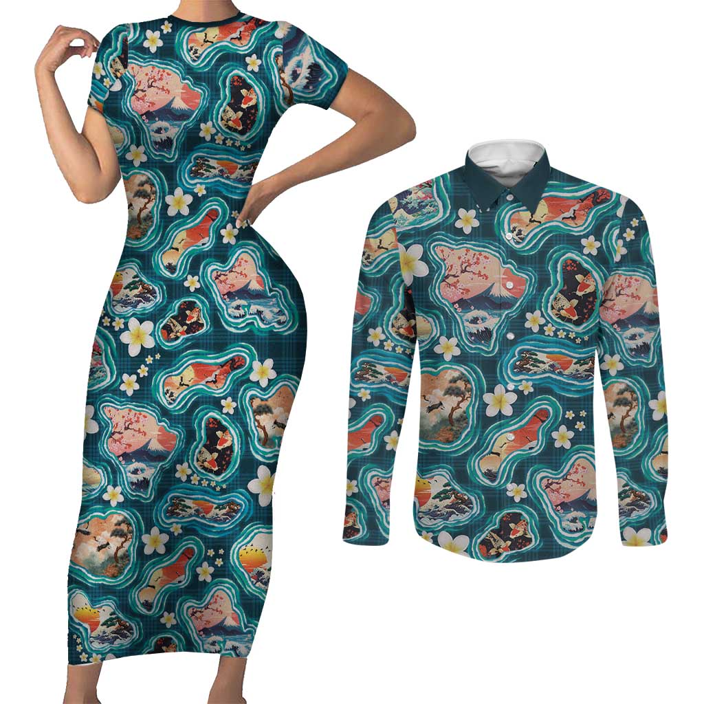 Hawaiian and Japanese Culture Together Couples Matching Short Sleeve Bodycon Dress and Long Sleeve Button Shirt Hawaiian Island Shapes with Japanese Landscape Teal Color