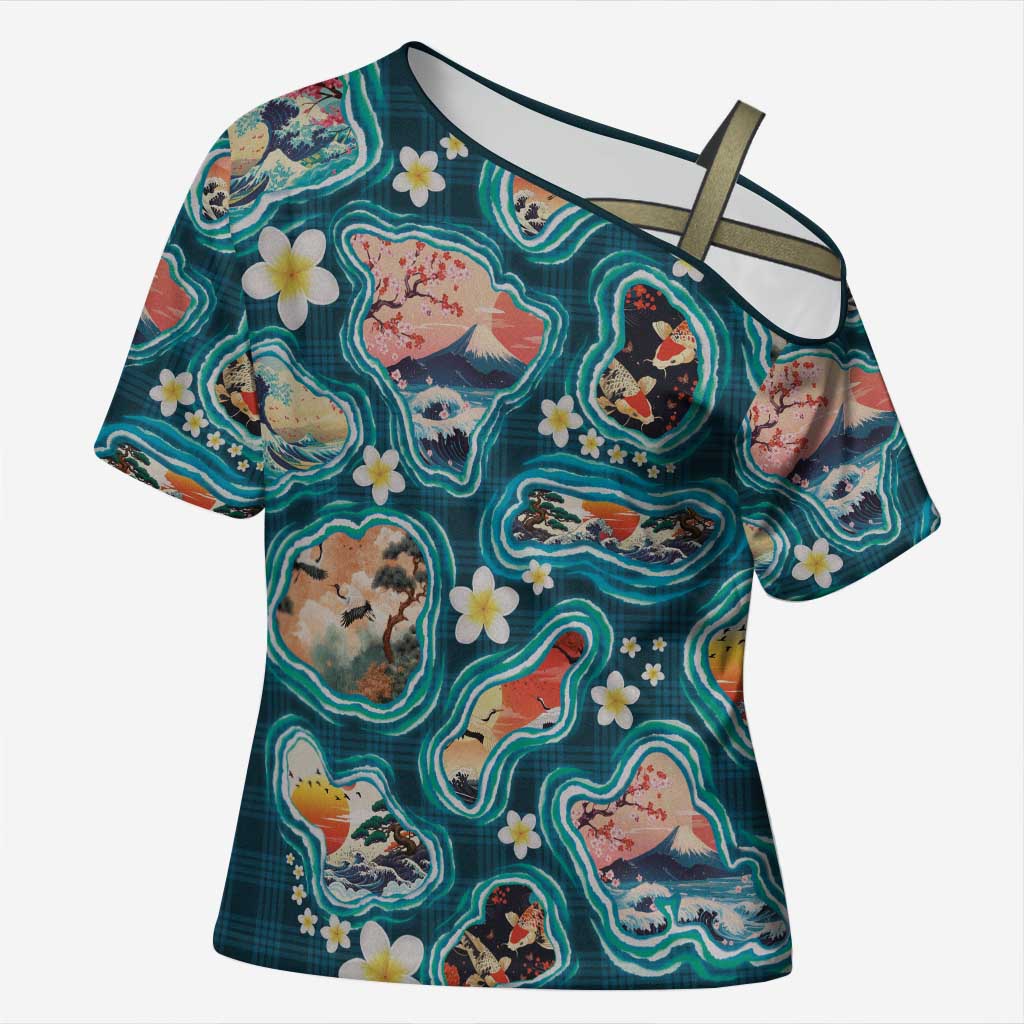 Hawaiian and Japanese Culture Together Cross Shoulder Shirt Hawaiian Island Shapes with Japanese Landscape Teal Color LT03 Female Teal - Polynesian Pride