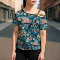 Hawaiian and Japanese Culture Together Cross Shoulder Shirt Hawaiian Island Shapes with Japanese Landscape Teal Color